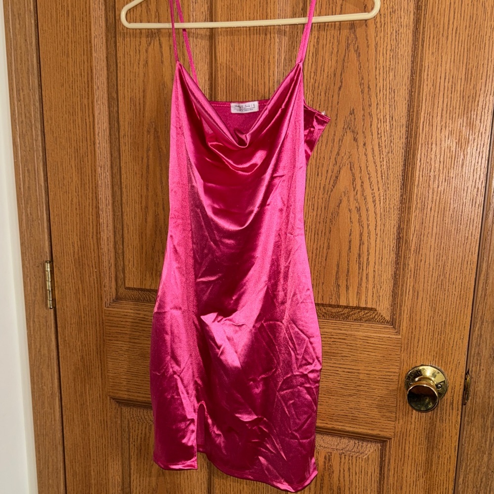 Satin Cowl Neck Slip Dress - Hot Pink